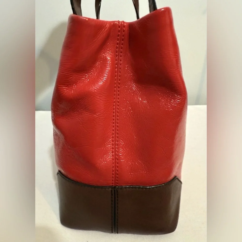 Kate Spade Patent Leather Cherry Red Tote Bag Brown Handles & Trim